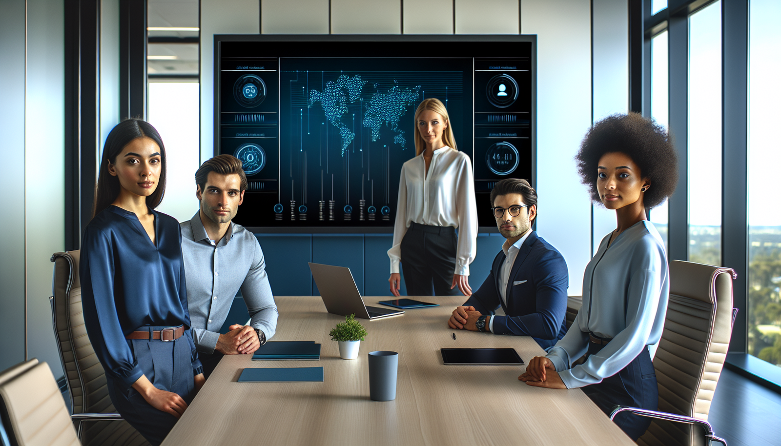 Australian business team reviewing AI dashboards in modern office